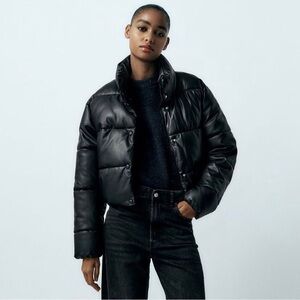 Zara Black Leather Puffer Jacket